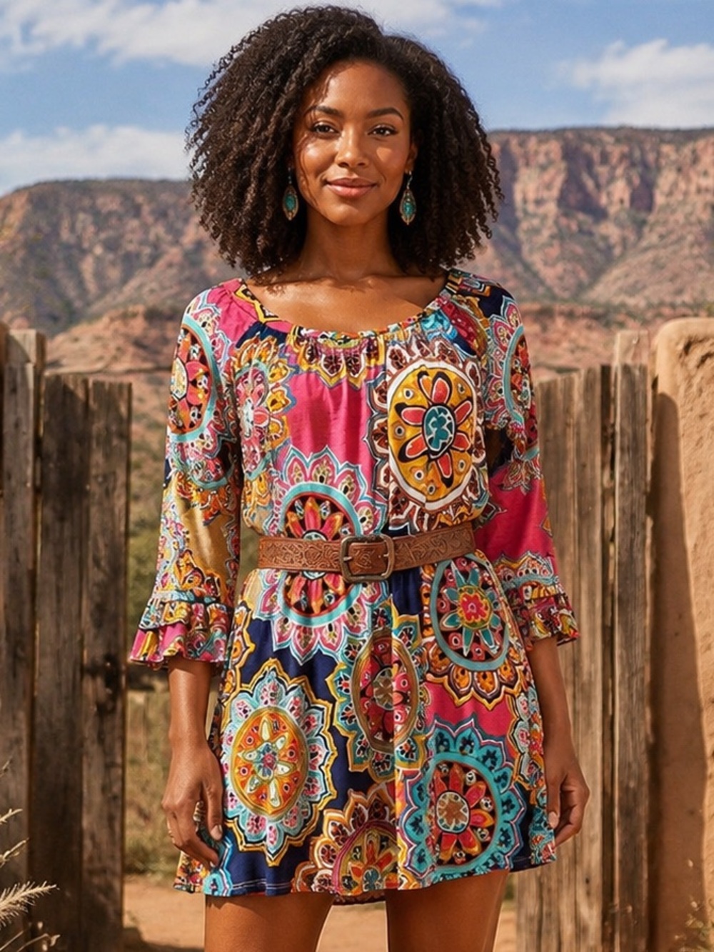 Boho Medallion Floral Bell Sleeve Tunic Mini Dress Pink Multicolor
